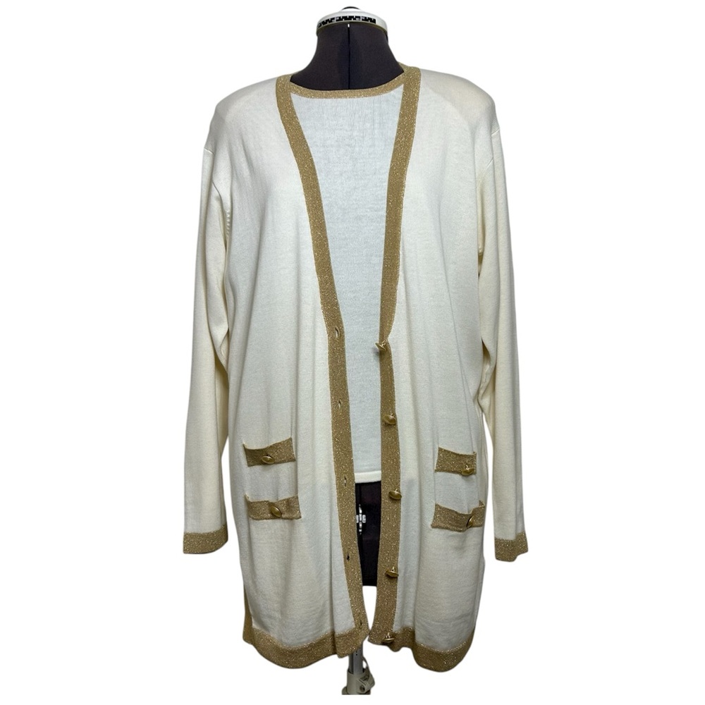 Casual Corner VTG Cotton Mix Ivory Knit Gold Trim Button Top Long Cardigan Set M